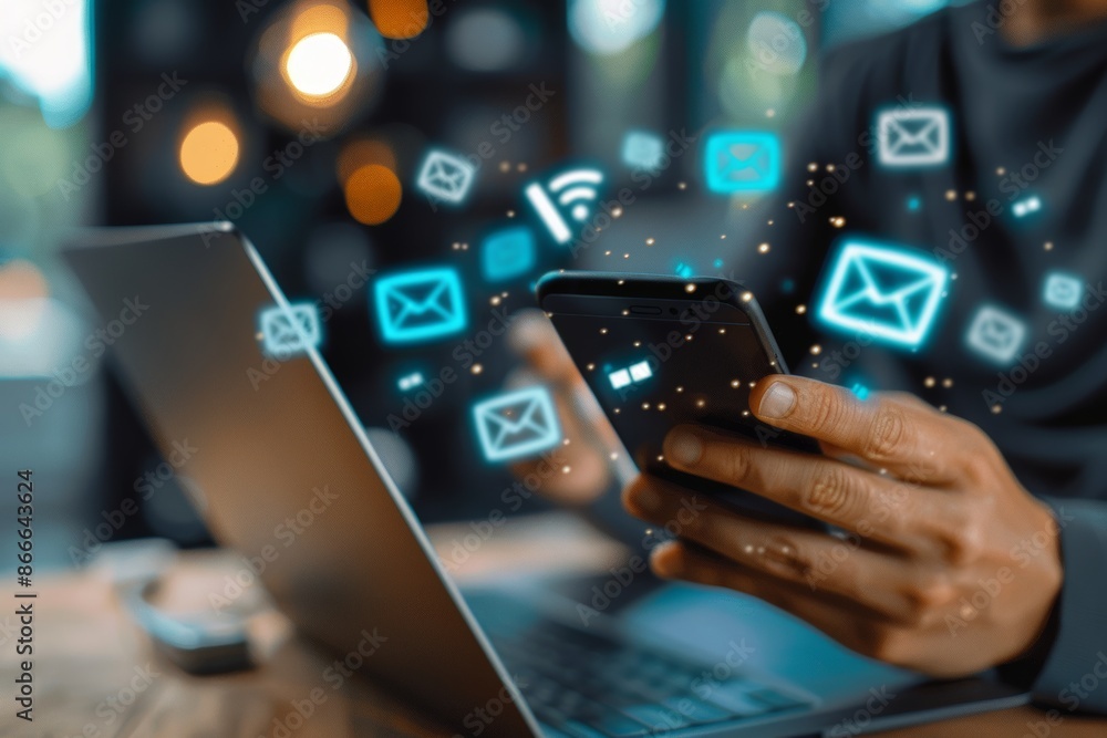 e-mail marketing concept, email being read on a smartphone, new message received e-mail marketing concept, email being read on a smartphone, new message received