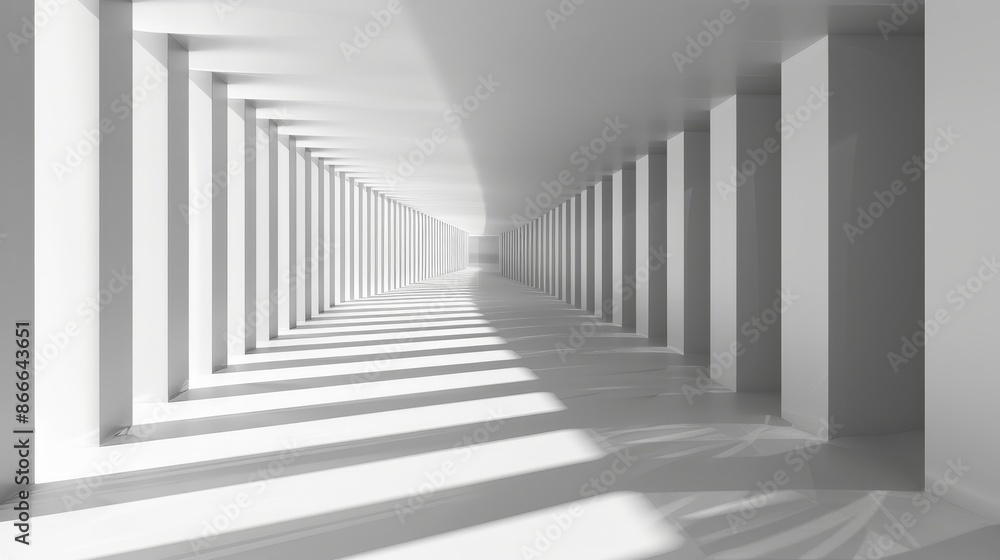 In this copy space, a white gray background with a channel of geometric stripes represents a scene or street in perspective. In this copy space, a white gray background with a channel of geometric stripes represents a scene or street in perspective.