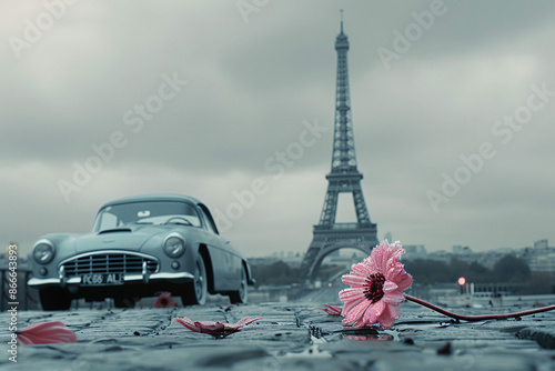 A vintage car is parked on cobblestones near the Eiffel Tower, with a close-up of a dewy pink flower in the foreground