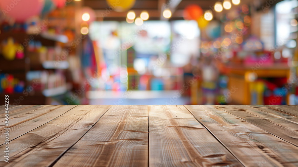 Empty wooden counter top of table with supermarket toy section shelves on blur background Empty wooden counter top of table with supermarket toy section shelves on blur background