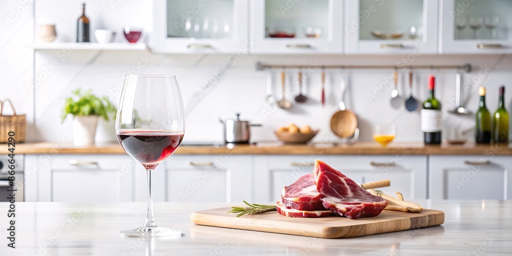 Wine and Prosciutto on a Kitchen Counter. A sophisticated setting featuring a glass of red wine and slices of prosciutto on a wooden board, complemented by a modern kitchen background. Wine and Prosciutto on a Kitchen Counter. A sophisticated setting featuring a glass of red wine and slices of prosciutto on a wooden board, complemented by a modern kitchen background.