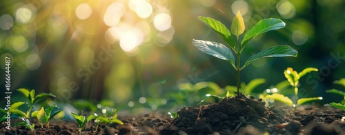 Young Sapling Growing in Sunlight With a Defocused Forest Background