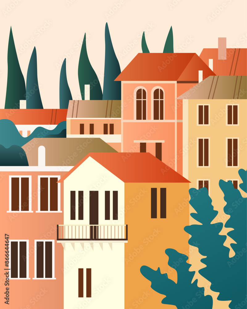 Colorful Mediterranean village houses trees landscape architecture Colorful Mediterranean village houses trees landscape architecture