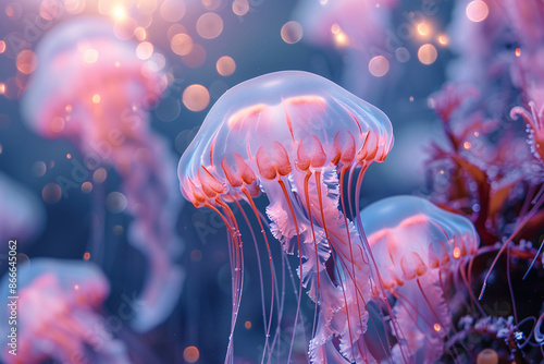Ethereal jellyfish with delicate tentacles float in a surreal underwater scene, illuminated by soft light and surrounded by a dreamy, glowing ambiance