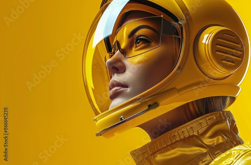 Woman Wearing Yellow Helmet and Suit in Front of Yellow Background