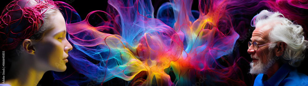 the idea of ​​a scientist studying the human mind; research into how the woman brain works; colorful brain waves; feelings and emotions; black background