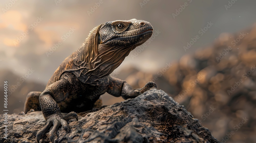 realistic animal photography of komodo standing on a rock mountain realistic animal photography of komodo standing on a rock mountain