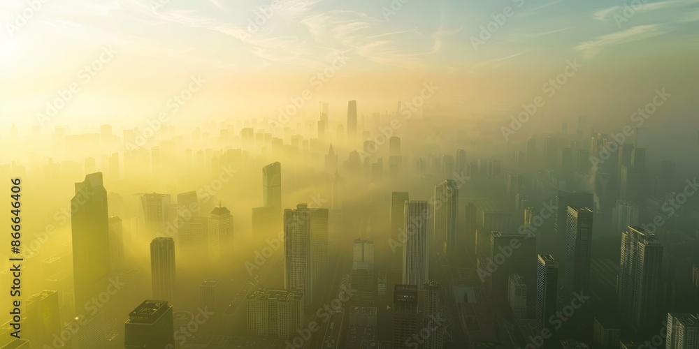Fototapeta premium Panoramic View of a Foggy Cityscape at Sunrise with Modern Skyscrapers
