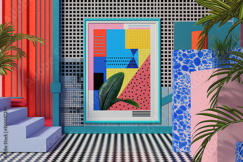 Mockup poster in an interior styled in the Memphis design style, 3D illustration, 3D render, high resolution, with vibrant colors and geometric patterns characteristic of Memphis design photo