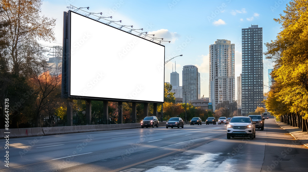 Cityscape at sunset with cars and a blank billboard, ready for advertising placement. Cityscape at sunset with cars and a blank billboard, ready for advertising placement.