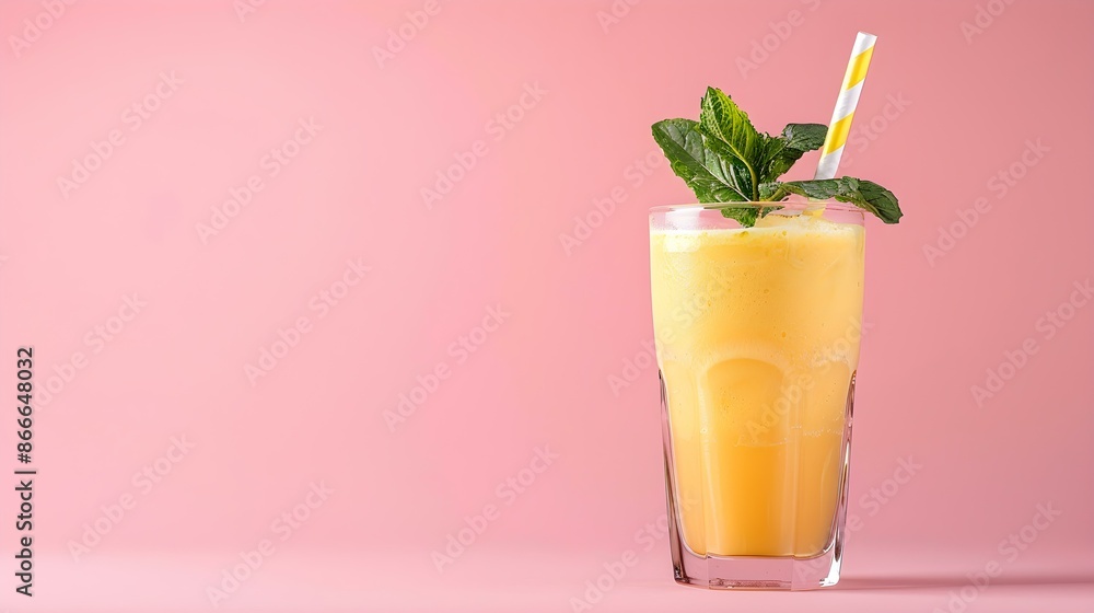 Yellow Summer Drink on a pink Background with Sunlight and Shadows Yellow Summer Drink on a pink Background with Sunlight and Shadows