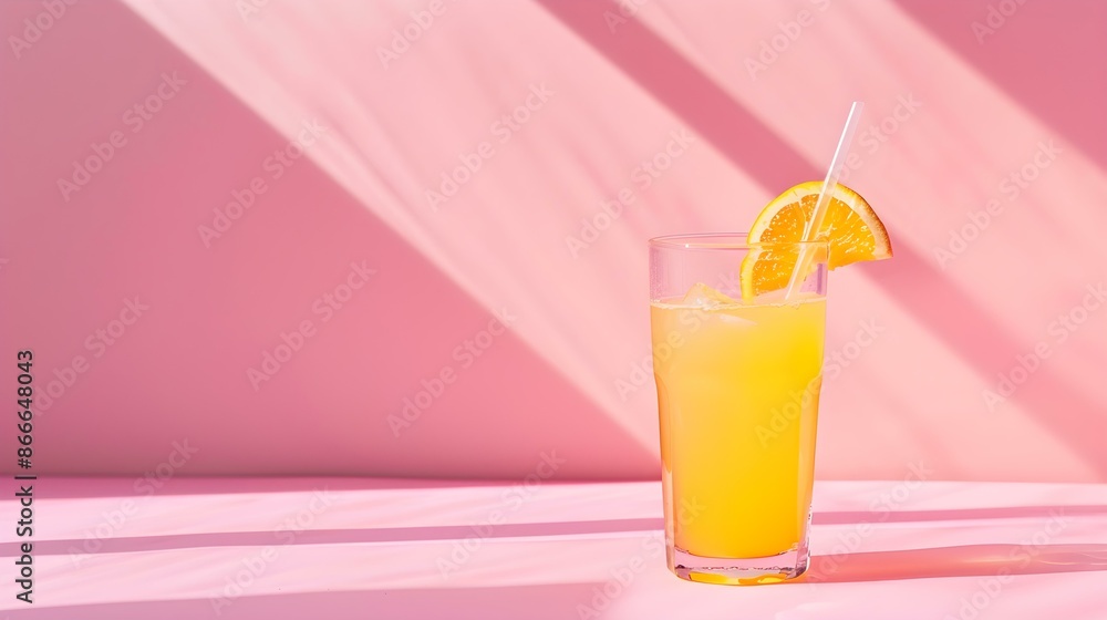 Yellow Summer Drink on a pink Background with Sunlight and Shadows Yellow Summer Drink on a pink Background with Sunlight and Shadows