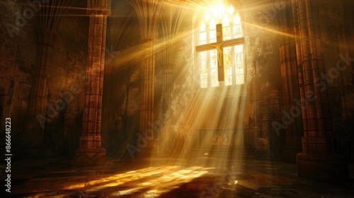 Sacred sanctuary: Heavenly light streams through cathedral windows, casting a luminous halo around the cross, inspiring awe and devotion