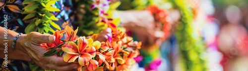 Close-up photo of a traditional Hawaiian luau, showcasing intricate leis, hula dancers, and vibrant tropical decorations, capturing the essence of this cultural festivity