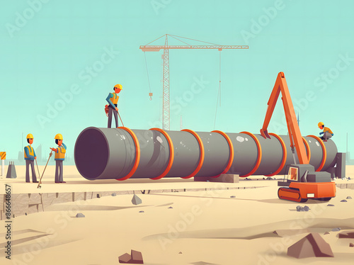 cartoon of construction workers lifting an underground pipe with a crane