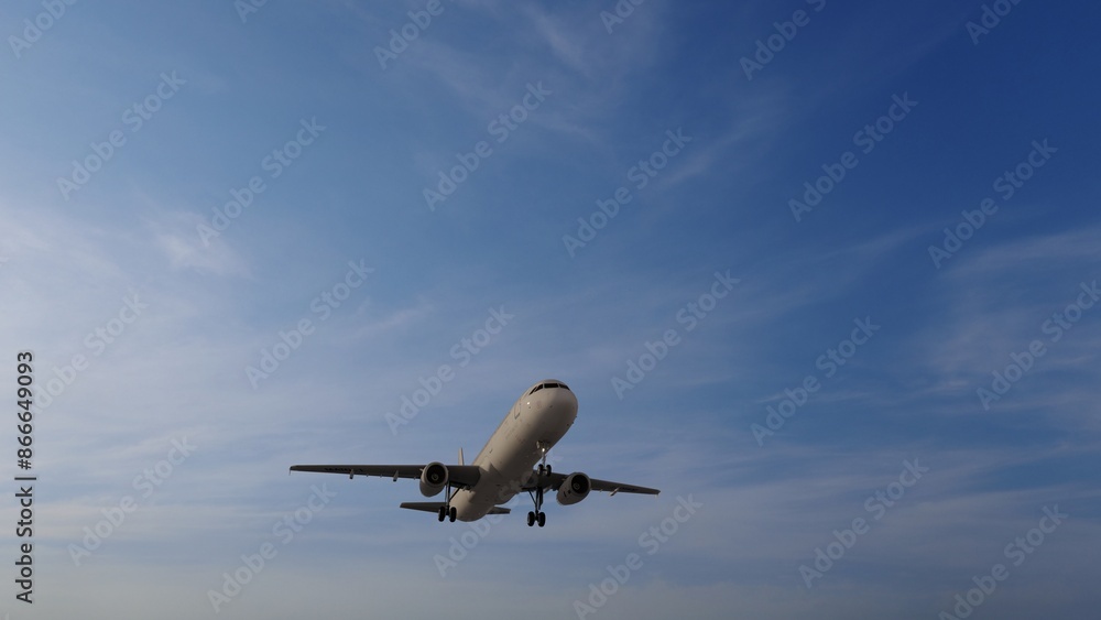 Airplane in the sky at sunset. Air transportation. Travel. Airplane Takes Off Against the Background of Blue Sky. Airplane in the sky at sunset. Air transportation. Travel. Airplane Takes Off Against the Background of Blue Sky.