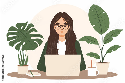 Illustration of a young woman with long hair and glasses working on a laptop. She is surrounded by potted plants, a notebook, and a coffee mug, creating a cozy and productive workspace