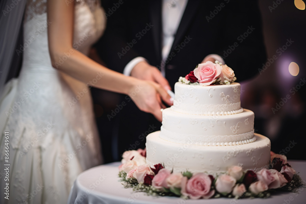 Freshly married couple cutting wedding cake Freshly married couple cutting wedding cake