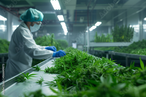 commercial processing of medical cannabis marijuana leafs in growing plant greenhouse