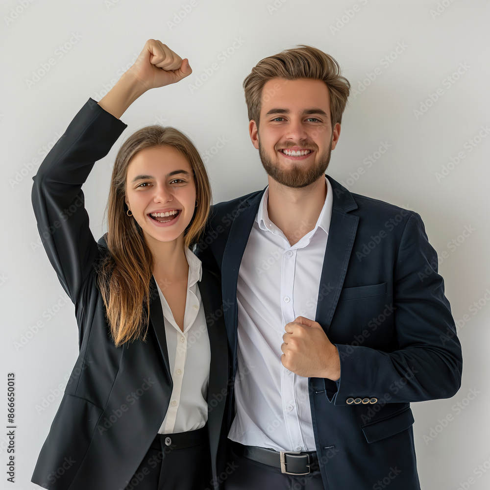 Happy business team celebrating success raising fists Happy business team celebrating success raising fists