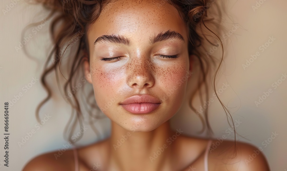 Relaxed face, eyes closed, pristine smooth skin adorns a beautiful young woman. Relaxed face, eyes closed, pristine smooth skin adorns a beautiful young woman.