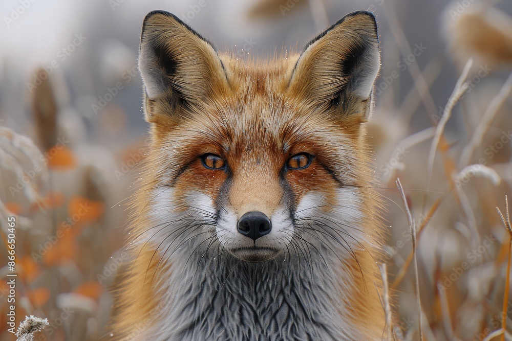 Fototapeta premium Close-up portrait of a red fox with striking eyes, standing amidst tall grasses, capturing its alert and curious nature in a natural habitat.