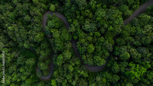 Aerial view asphalt road on green forest, Curve asphalt road on mountain green forest, Countryside road passing green forrest and mountain.
