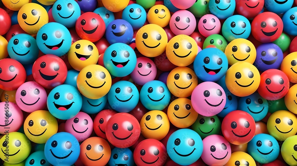 Obraz premium Many yellow balls with smiling faces. Social media and communications concept background
