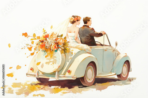 Vintage Watercolor Wedding Scene Newlyweds in Classic Car with Floral Decoration and Falling Leaves