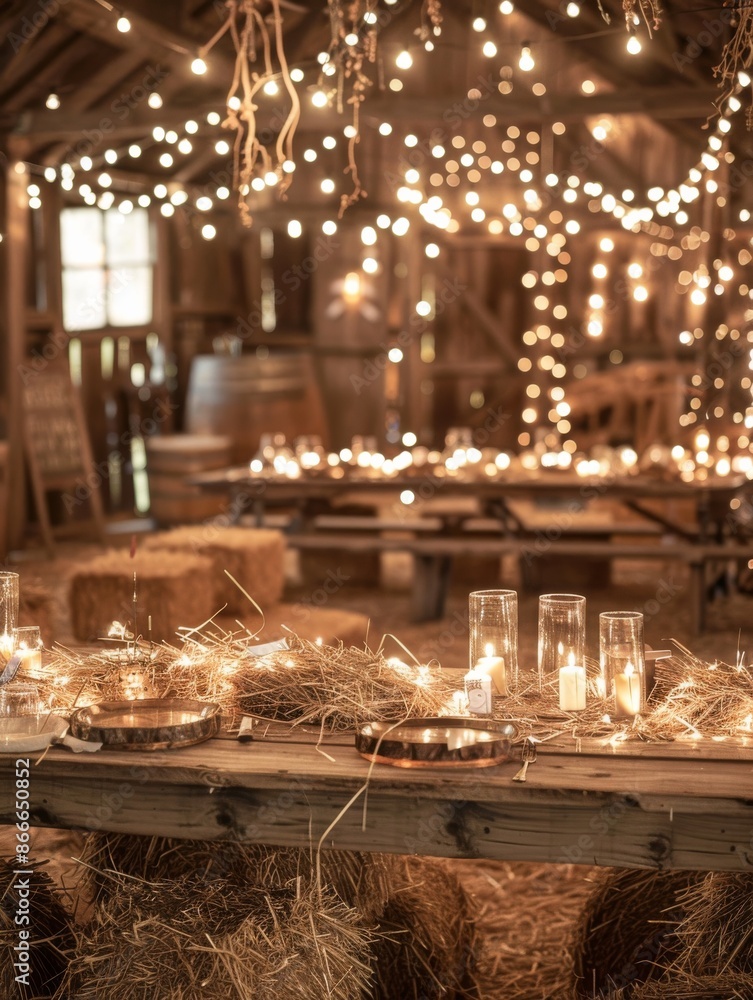 Rustic Barn Wedding Reception Decor With Hay Bales and String Lights Rustic Barn Wedding Reception Decor With Hay Bales and String Lights