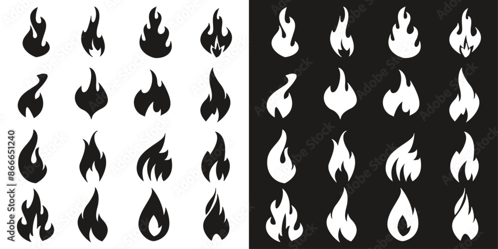 Flame icons, large set. For dark or light background. Flame icons, large set. For dark or light background.