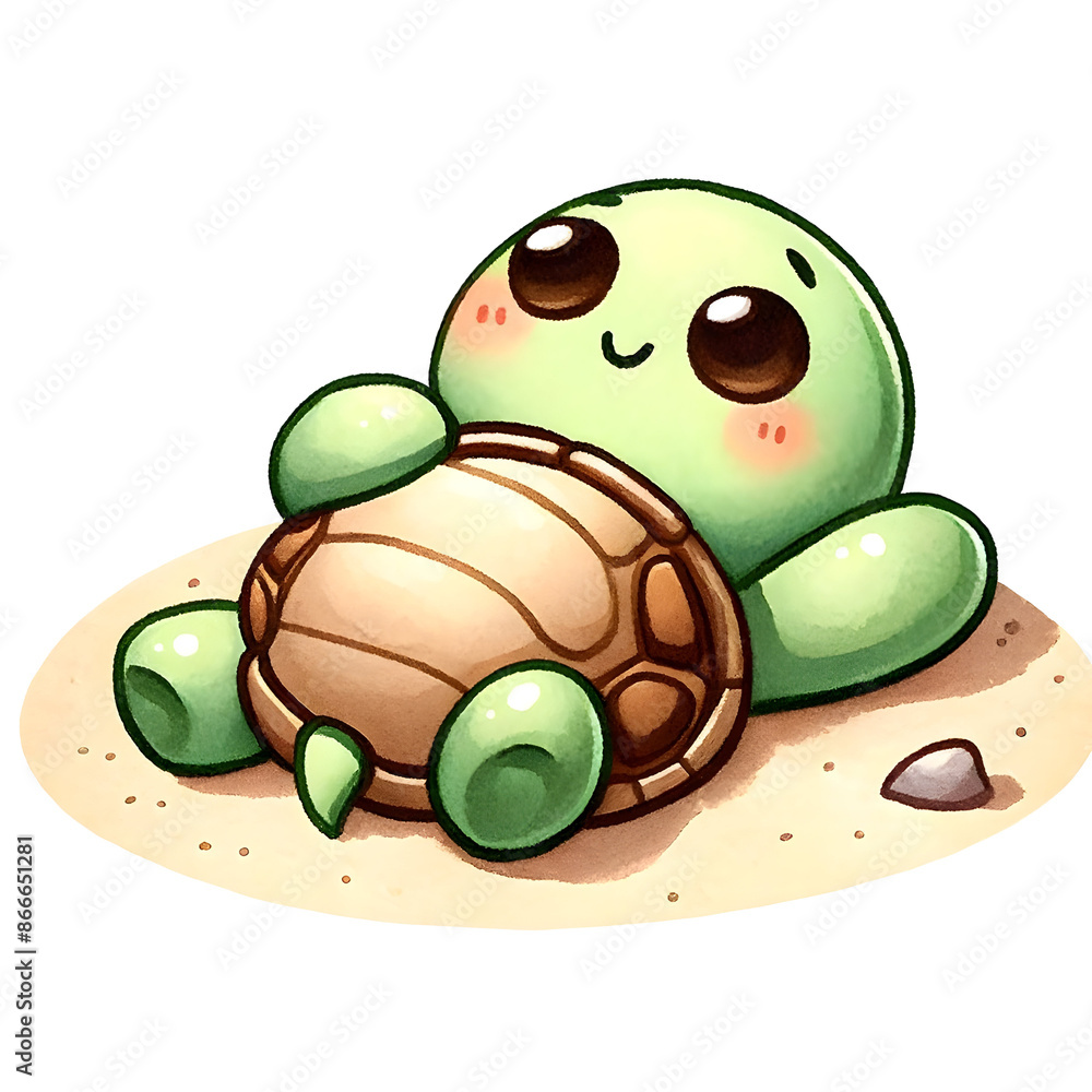 Fototapeta premium Charming cartoon turtle with a peaceful expression, laying contentedly, ideal for children's illustrations and beach-themed decor.