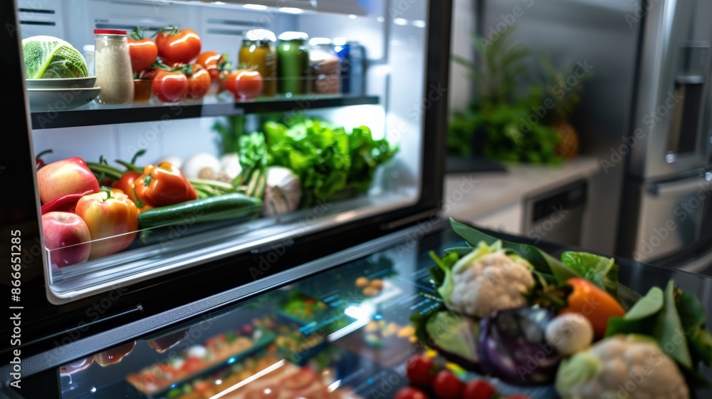 Smart refrigerator with a touchscreen interface displaying recipes and ...