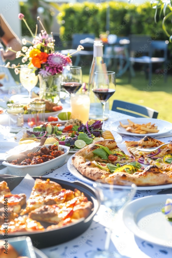 In the comfortable atmosphere of the American backyard, the backyard dinner party, the table has rich food, pizza, steak, In the comfortable atmosphere of the American backyard, the backyard dinner party, the table has rich food, pizza, steak,