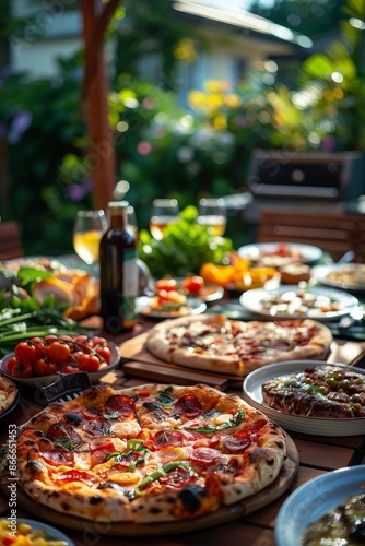 In the comfortable atmosphere of the American backyard, the backyard dinner party, the table has rich food, pizza, steak, © Irina