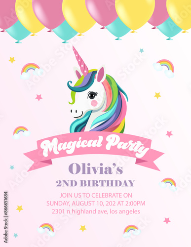 Magical Unicorn Party Invitation. vector illustration