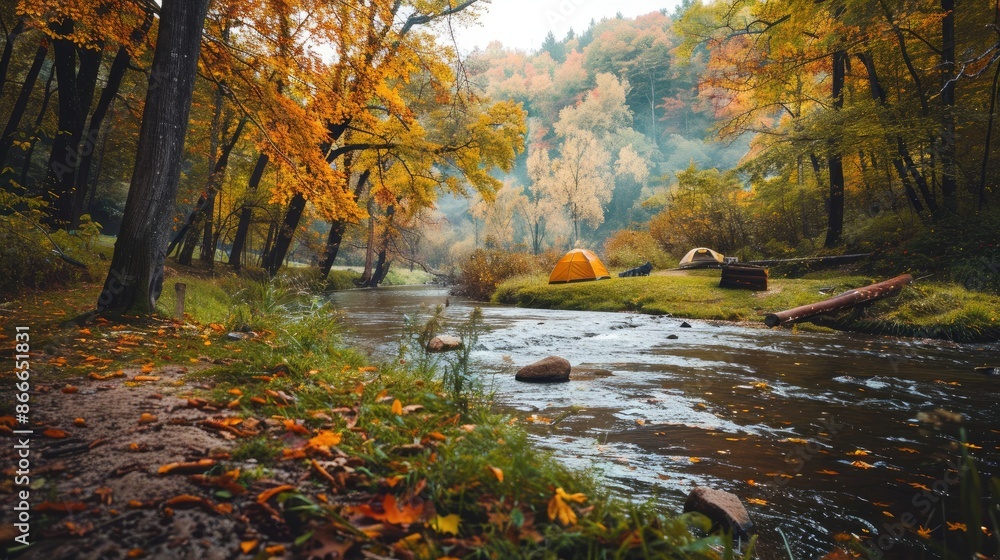 A peaceful riverside campsite with a view of a gently flowing river and vibrant autumn foliage in the background. A peaceful riverside campsite with a view of a gently flowing river and vibrant autumn foliage in the background.