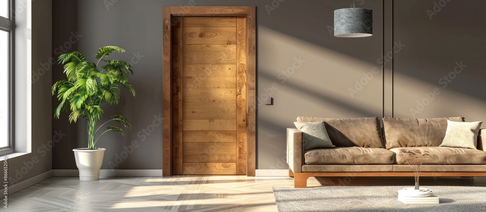 Modern living room interior with an opened wooden door Modern living room interior with an opened wooden door
