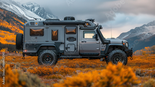 fire truck in the mountains on sunset