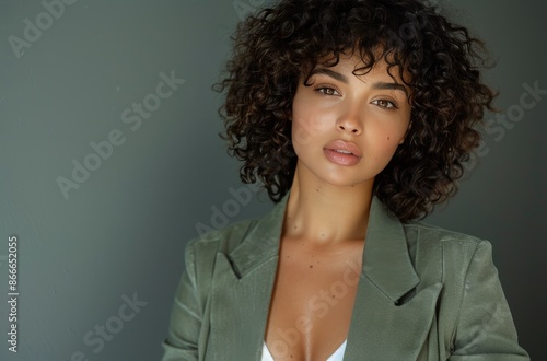 Woman With Long Curly Hair Wearing Green Blazer