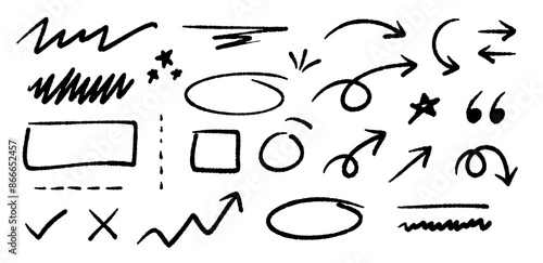 Hand drawn arrows doodles vector. Set of hand drawn arrows scribble doodles, lines, pointers, rectangle, circles, check box, dividers, stars, quotations etc