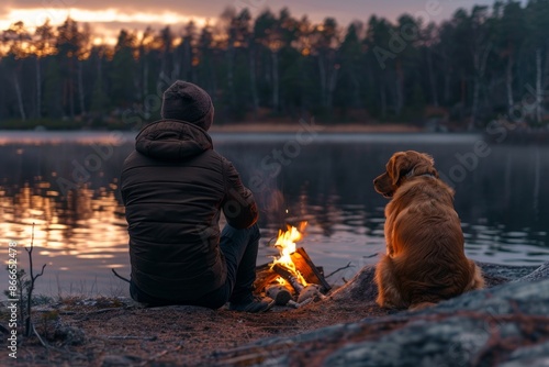 man and his loyal dog sitting by a campfire, enjoying a peaceful sunset by the lake