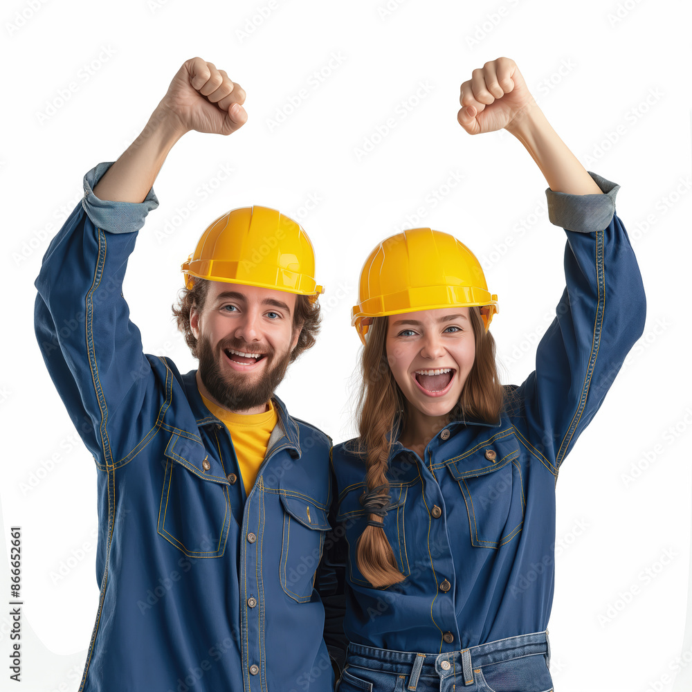 Construction workers raising fists in excitement and celebrating success Construction workers raising fists in excitement and celebrating success