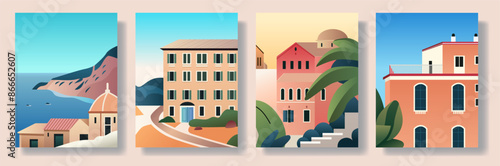 Mediterranean coastal townscape with colorful buildings sea view palm trees and mountains in modern flat style