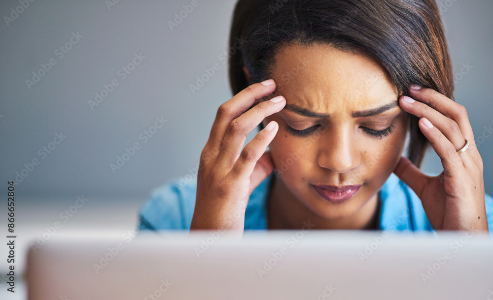 Frustrated woman, laptop and stress with headache in mistake, debt or depression at office. Female person or migraine in financial crisis, burnout or anxiety on loss, fatigue or pressure at workplace Frustrated woman, laptop and stress with headache in mistake, debt or depression at office. Female person or migraine in financial crisis, burnout or anxiety on loss, fatigue or pressure at workplace