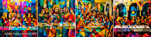 4 photo collages of the Last Supper with fragmentary forms and distorted perspectives. Bold use of color and cubist style to reinterpret an iconic painting. Emphasis on abstract interpretation. photo