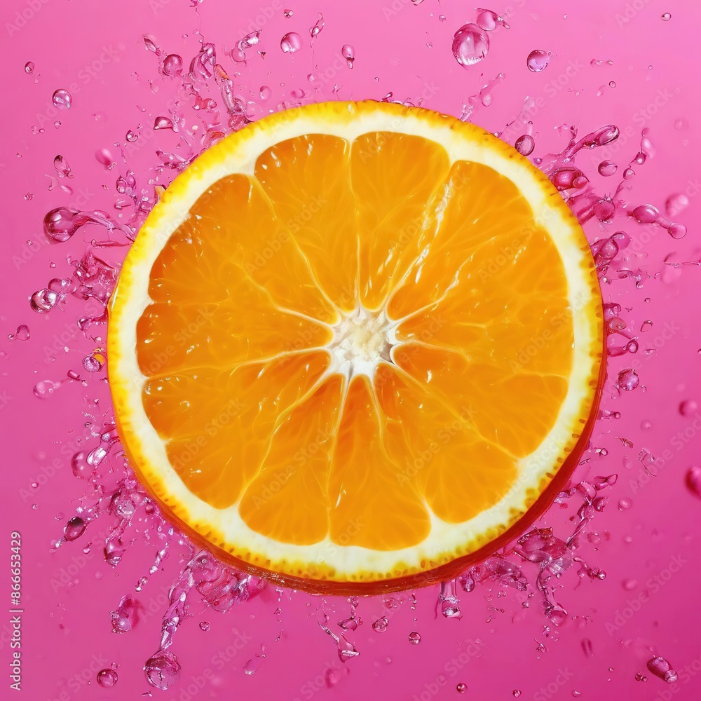 orange slice with drops of juice and water on a pink background. macro orange slice with drops of juice and water on a pink background. macro
