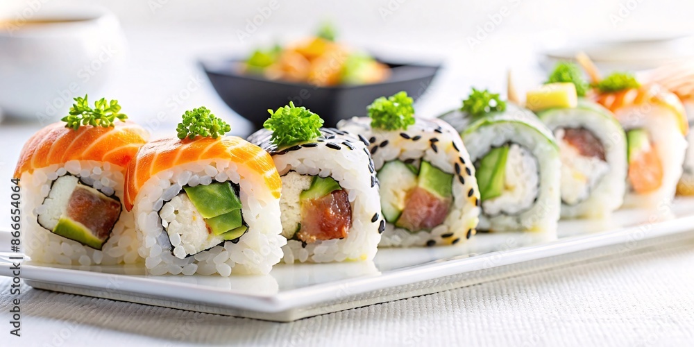 Assorted Sushi Rolls on a White Plate. A beautifully arranged platter of assorted sushi rolls, featuring fresh ingredients like avocado, cucumber, and salmon, garnished with greenery. Assorted Sushi Rolls on a White Plate. A beautifully arranged platter of assorted sushi rolls, featuring fresh ingredients like avocado, cucumber, and salmon, garnished with greenery.