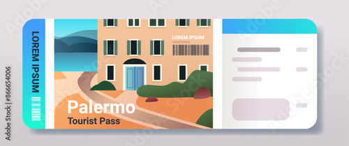 Travel ticket design with a scenic coastal building mountains and path in a minimalist style vibrant colors modern layout
