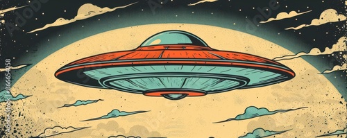 A UFO hovering, scifi element, comic book style, retro colors, isolated on white background